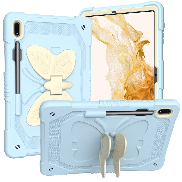 For Samsung Galaxy Tab S9 Butterfly Kickstand Heavy Duty Hard Rugged Tablet Case(Beige+Ice Blue) by bashfashion