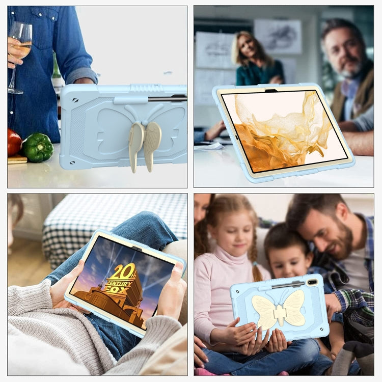 For Samsung Galaxy Tab S9 Butterfly Kickstand Heavy Duty Hard Rugged Tablet Case(Beige+Ice Blue) by bashfashion