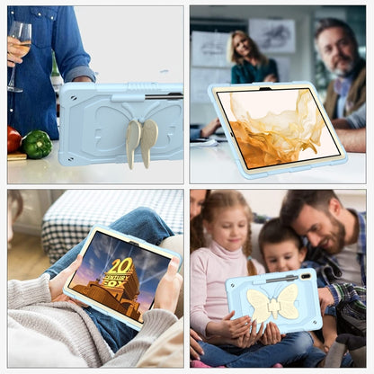 For Samsung Galaxy Tab S9 Butterfly Kickstand Heavy Duty Hard Rugged Tablet Case(Beige+Ice Blue) by bashfashion