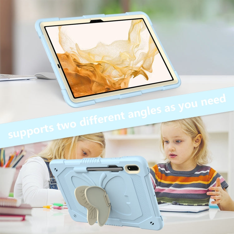For Samsung Galaxy Tab S9 Butterfly Kickstand Heavy Duty Hard Rugged Tablet Case(Beige+Ice Blue) by bashfashion