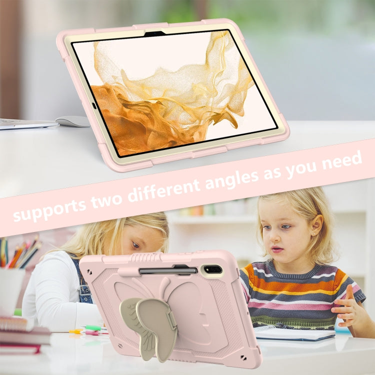 For Samsung Galaxy Tab S9+ Butterfly Kickstand Heavy Duty Hard Rugged Tablet Case(Beige+Rose Pink) by bashfashion