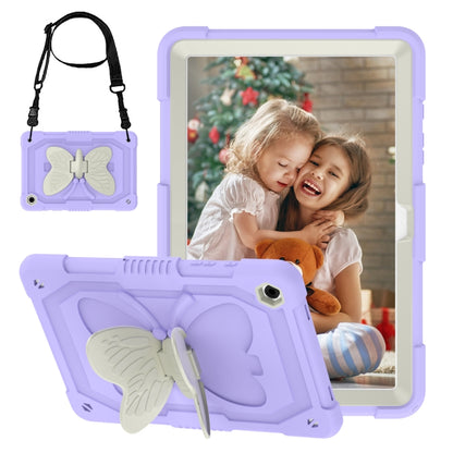 For Samsung Galaxy Tab A9+ / A11+ Butterfly Kickstand Heavy Duty Hard Rugged Tablet Case(Beige+Raro Purple) by bashfashion