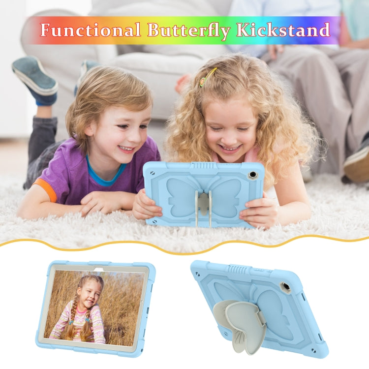 For Samsung Galaxy Tab A9+ / A11+ Butterfly Kickstand Heavy Duty Hard Rugged Tablet Case(Beige+Ice Blue) by bashfashion