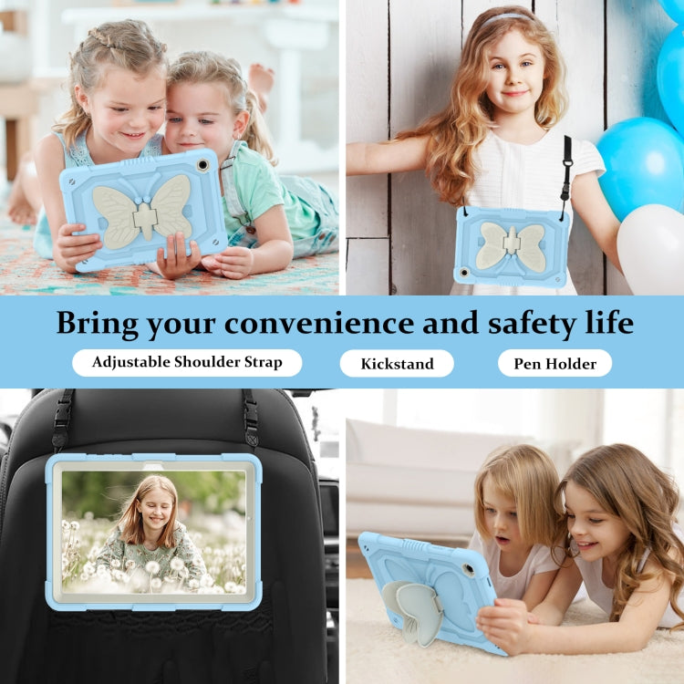 For Samsung Galaxy Tab A9+ / A11+ Butterfly Kickstand Heavy Duty Hard Rugged Tablet Case(Beige+Ice Blue) by bashfashion