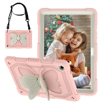 For Samsung Galaxy Tab A9+ / A11+ Butterfly Kickstand Heavy Duty Hard Rugged Tablet Case(Beige+Rose Pink) by bashfashion