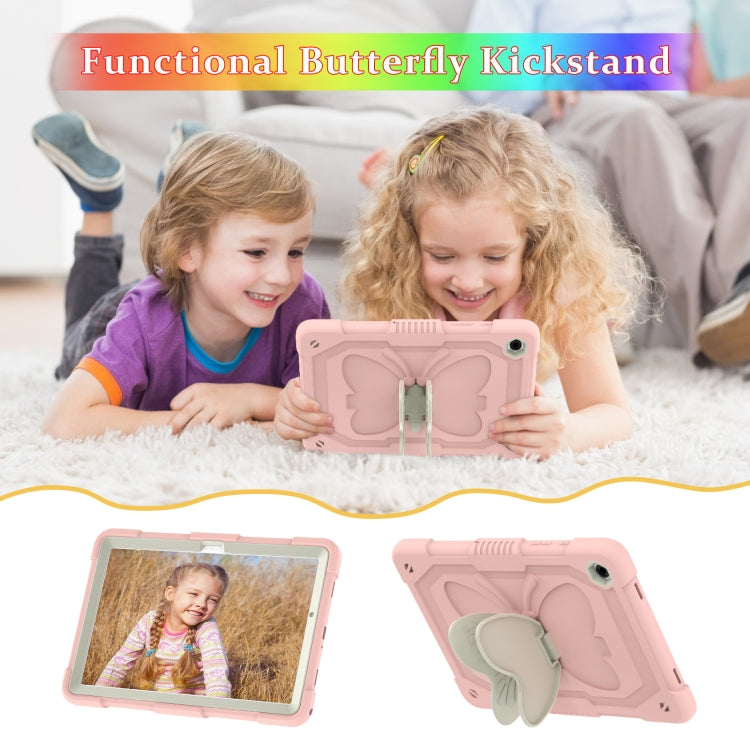 For Samsung Galaxy Tab A9+ / A11+ Butterfly Kickstand Heavy Duty Hard Rugged Tablet Case(Beige+Rose Pink) by bashfashion