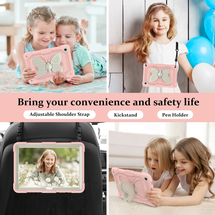 For Samsung Galaxy Tab A9+ / A11+ Butterfly Kickstand Heavy Duty Hard Rugged Tablet Case(Beige+Rose Pink) by bashfashion