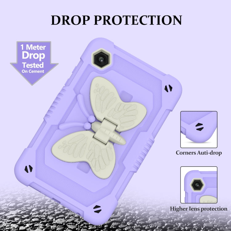For Samsung Galaxy Tab A9 / Tab A11 Butterfly Kickstand Heavy Duty Hard Rugged Tablet Case(Beige+Raro Purple) by bashfashion