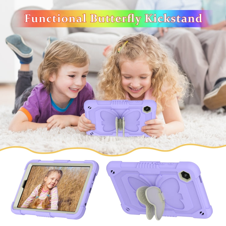 For Samsung Galaxy Tab A9 / Tab A11 Butterfly Kickstand Heavy Duty Hard Rugged Tablet Case(Beige+Raro Purple) by bashfashion