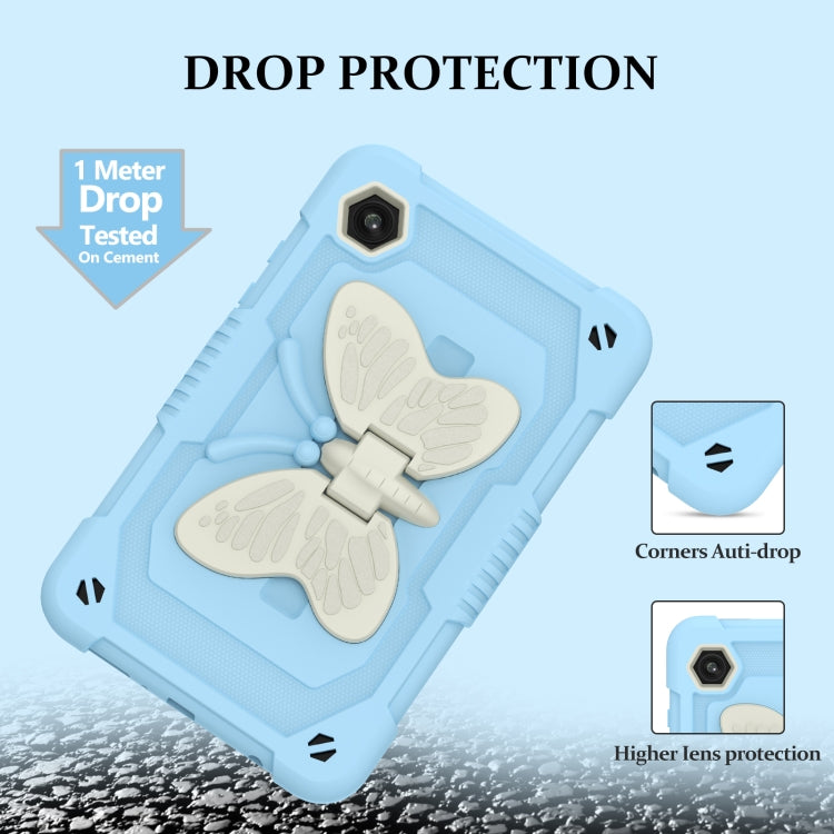 For Samsung Galaxy Tab A9 / Tab A11 Butterfly Kickstand Heavy Duty Hard Rugged Tablet Case(Beige+Ice Blue) by bashfashion