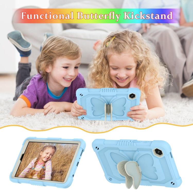 For Samsung Galaxy Tab A9 / Tab A11 Butterfly Kickstand Heavy Duty Hard Rugged Tablet Case(Beige+Ice Blue) by bashfashion