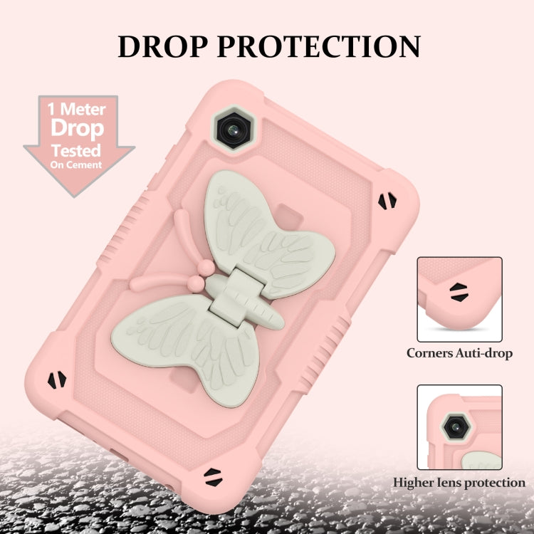 For Samsung Galaxy Tab A9 / Tab A11 Butterfly Kickstand Heavy Duty Hard Rugged Tablet Case(Beige+Rose Pink) by bashfashion
