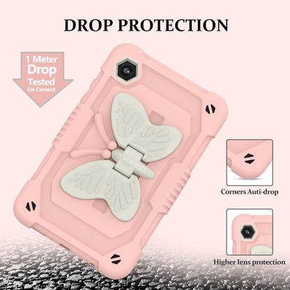 For Samsung Galaxy Tab A9 / Tab A11 Butterfly Kickstand Heavy Duty Hard Rugged Tablet Case(Beige+Rose Pink) by bashfashion