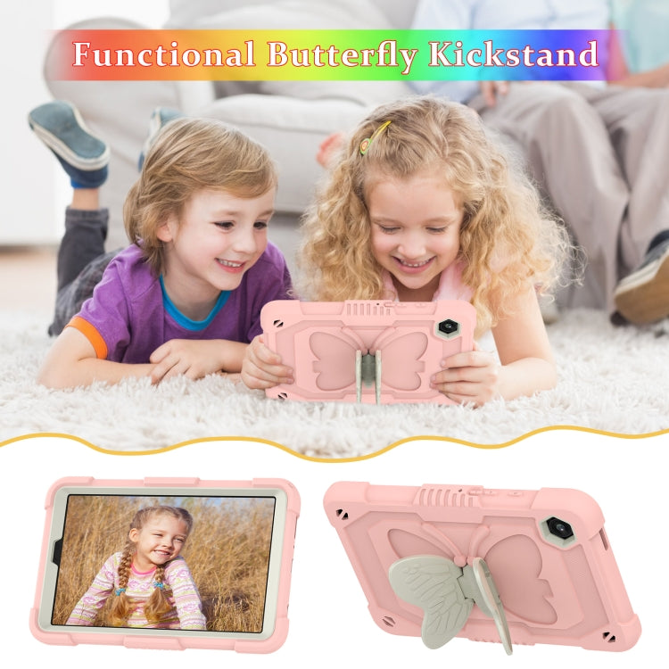 For Samsung Galaxy Tab A9 / Tab A11 Butterfly Kickstand Heavy Duty Hard Rugged Tablet Case(Beige+Rose Pink) by bashfashion