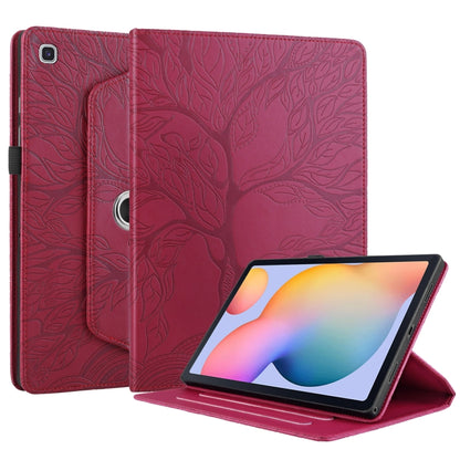 For Samsung Galaxy Tab S6 Lite P610 Tree Life Embossed Rotation Leather Smart Tablet Case(Red) by bashfashion