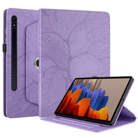 For Samsung Galaxy Tab S9 / S9 FE Tree Life Embossed Rotation Leather Tablet Case(Purple) by bashfashion