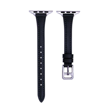 For Apple Watch SE 2022 44mm T-shaped Slim Genuine Leather Watch Band(Black) by bashfashion