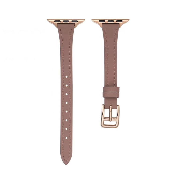 For Apple Watch SE 2023 44mm T-shaped Slim Genuine Leather Watch Band(Light Brown) by bashfashion