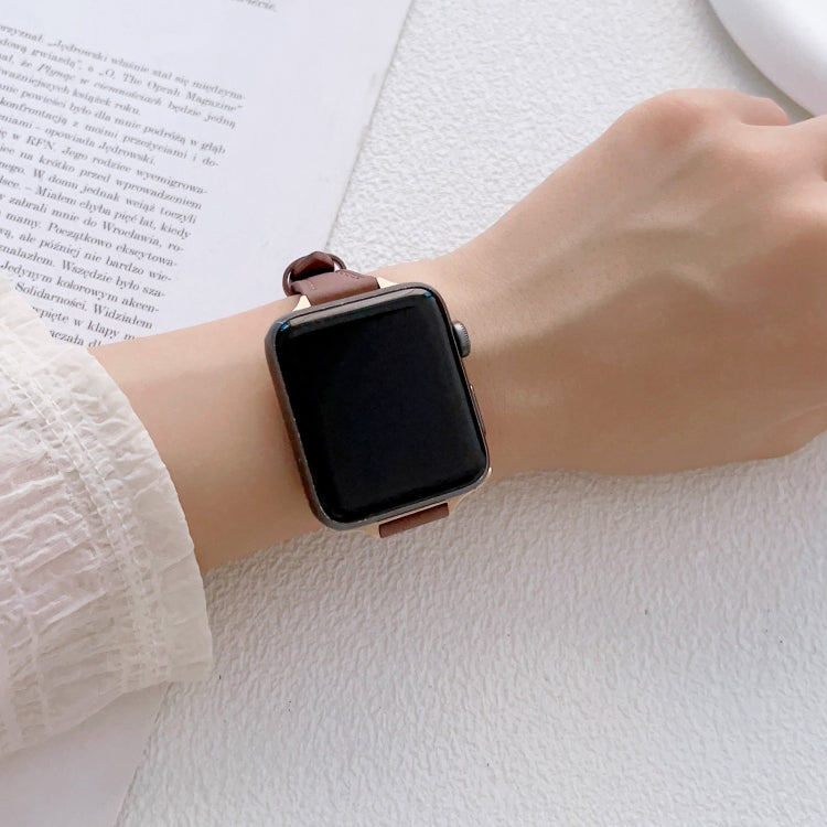 For Apple Watch Series 9 41mm T-shaped Slim Genuine Leather Watch Band(Light Brown) by bashfashion