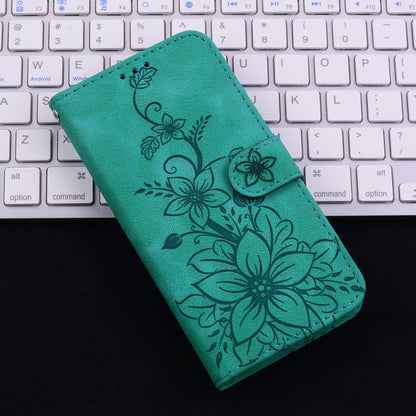For iPhone 16e Lily Embossed Leather Phone Case(Green) by bashfashion