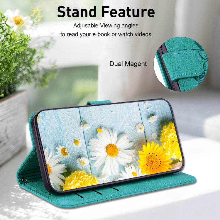 For iPhone 16e Lily Embossed Leather Phone Case(Green) by bashfashion