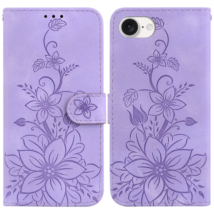 For iPhone 16e Lily Embossed Leather Phone Case(Purple) by bashfashion