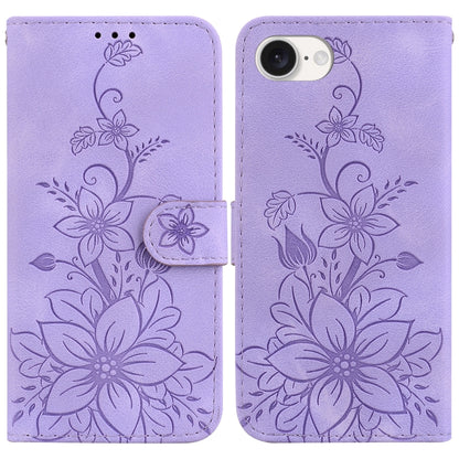 For iPhone 16e Lily Embossed Leather Phone Case(Purple) by bashfashion