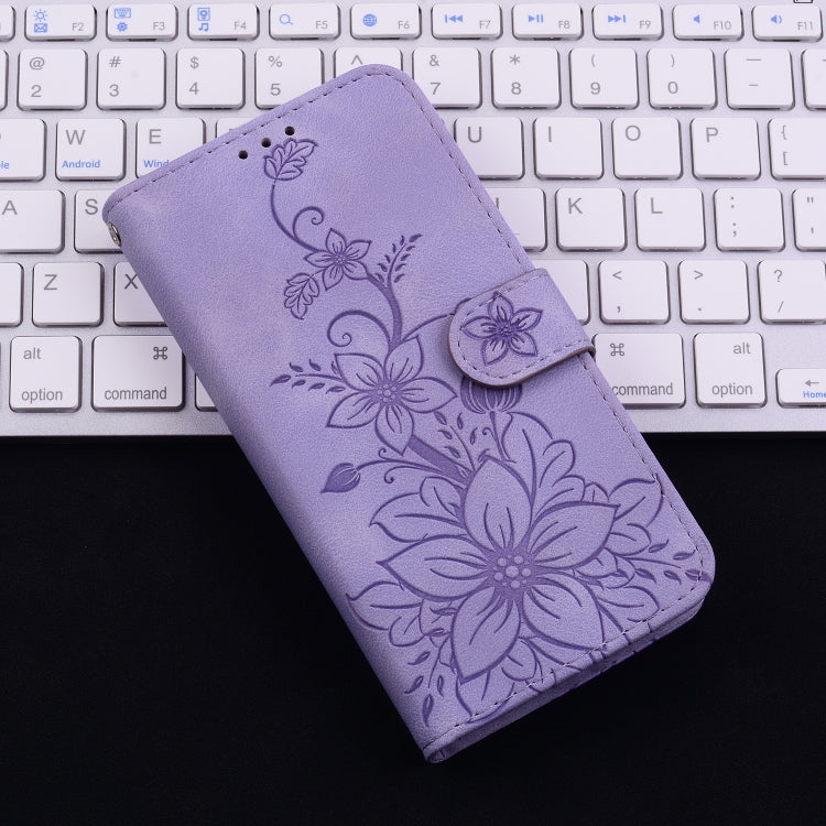 For iPhone 16e Lily Embossed Leather Phone Case(Purple) by bashfashion