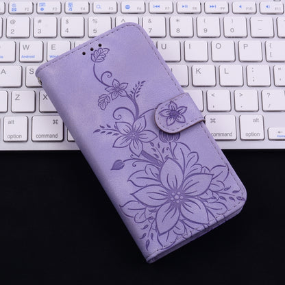 For iPhone 16e Lily Embossed Leather Phone Case(Purple) by bashfashion