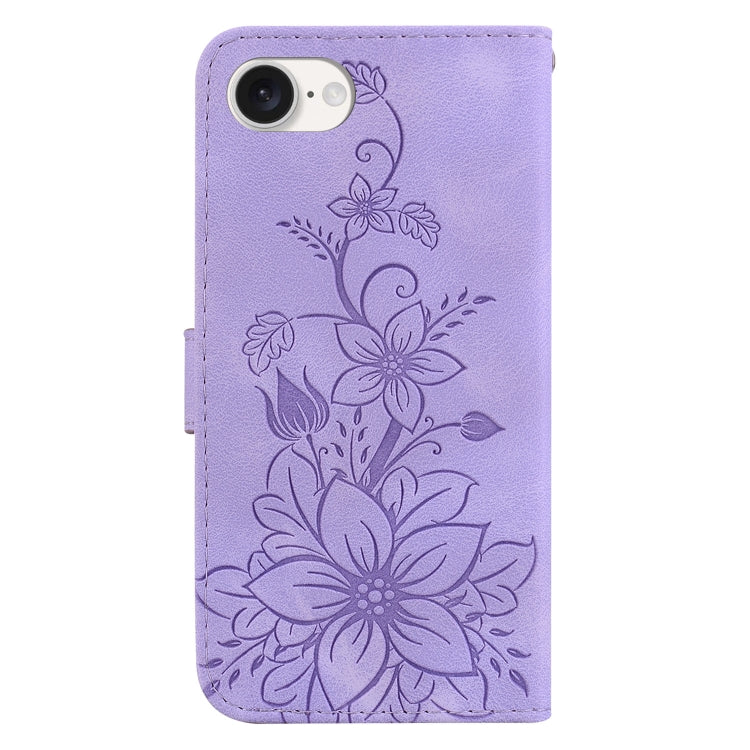 For iPhone 16e Lily Embossed Leather Phone Case(Purple) by bashfashion