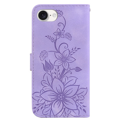 For iPhone 16e Lily Embossed Leather Phone Case(Purple) by bashfashion
