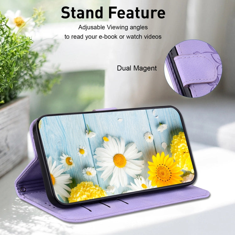 For iPhone 16e Lily Embossed Leather Phone Case(Purple) by bashfashion