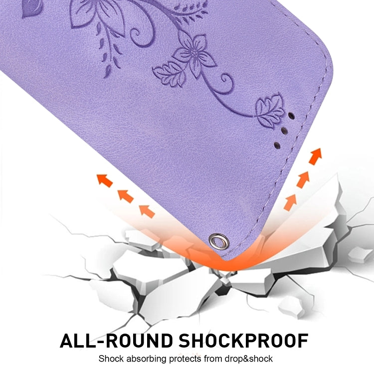 For iPhone 16e Lily Embossed Leather Phone Case(Purple) by bashfashion