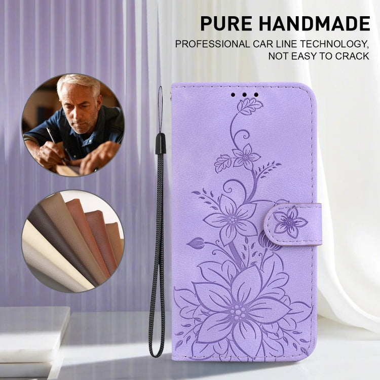 For iPhone 16e Lily Embossed Leather Phone Case(Purple) by bashfashion