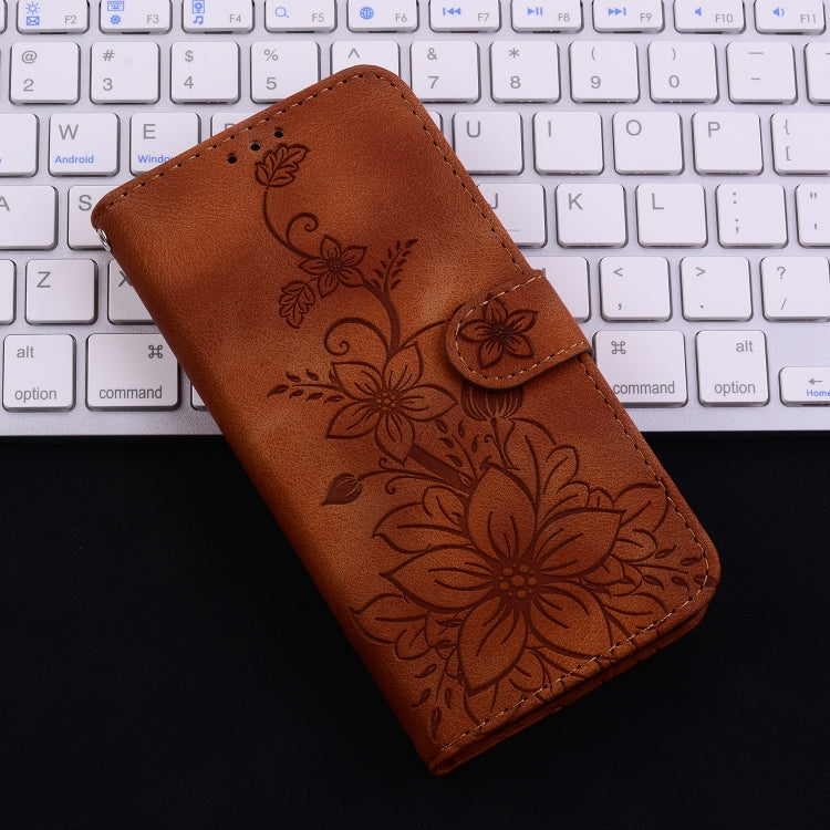 For iPhone 16e Lily Embossed Leather Phone Case(Brown) by bashfashion