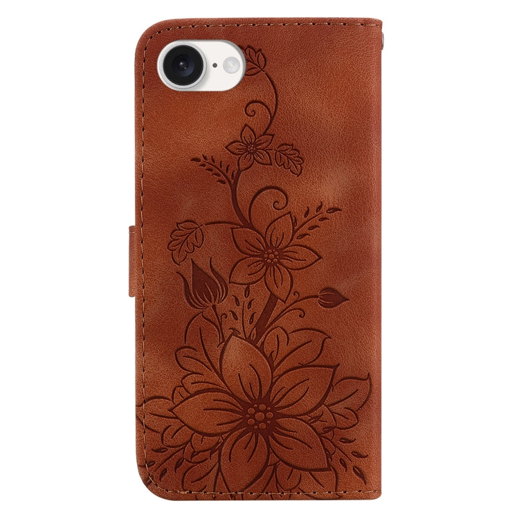 For iPhone 16e Lily Embossed Leather Phone Case(Brown) by bashfashion