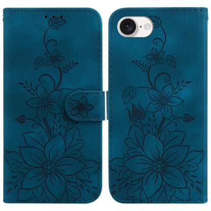 For iPhone 16e Lily Embossed Leather Phone Case(Dark Blue) by bashfashion