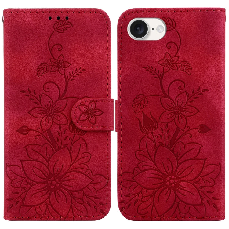 For iPhone 16e Lily Embossed Leather Phone Case(Red) by bashfashion