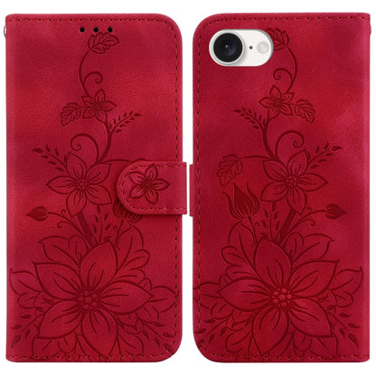 For iPhone 16e Lily Embossed Leather Phone Case(Red) by bashfashion