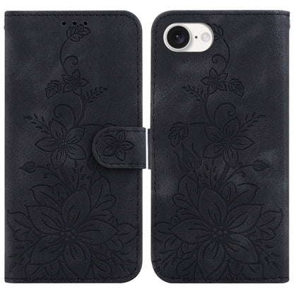 For iPhone 16e Lily Embossed Leather Phone Case(Black) by bashfashion