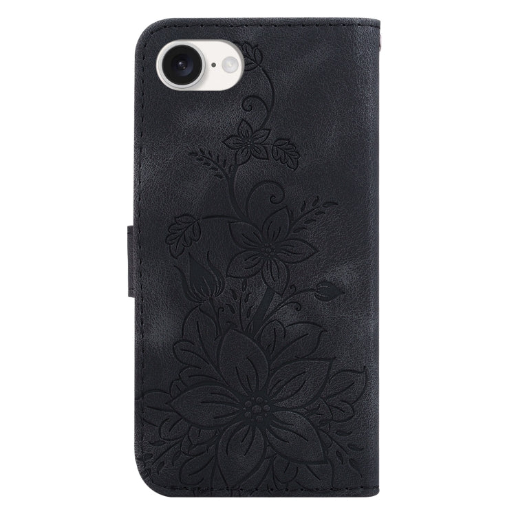 For iPhone 16e Lily Embossed Leather Phone Case(Black) by bashfashion