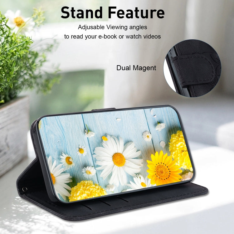 For iPhone 16e Lily Embossed Leather Phone Case(Black) by bashfashion