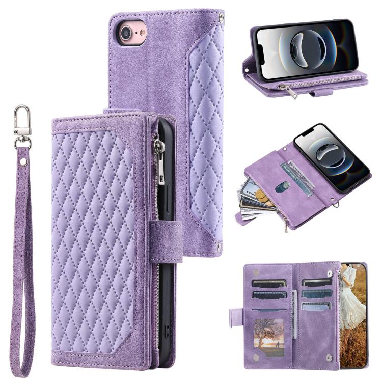 For iPhone 16e Grid Texture Zipper Leather Phone Case with Lanyard(Purple) by bashfashion