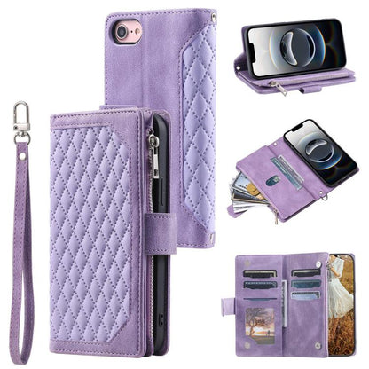 For iPhone 16e Grid Texture Zipper Leather Phone Case with Lanyard(Purple) by bashfashion