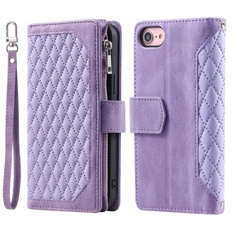 For iPhone 16e Grid Texture Zipper Leather Phone Case with Lanyard(Purple) by bashfashion