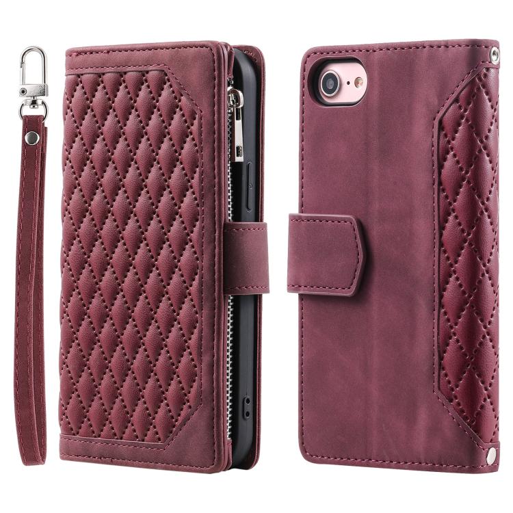 For iPhone 16e Grid Texture Zipper Leather Phone Case with Lanyard(Wine Red) by bashfashion