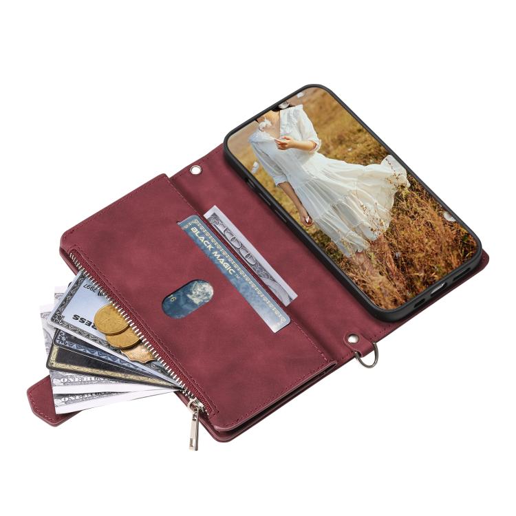 For iPhone 16e Grid Texture Zipper Leather Phone Case with Lanyard(Wine Red) by bashfashion
