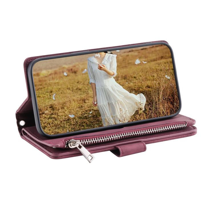 For iPhone 16e Grid Texture Zipper Leather Phone Case with Lanyard(Wine Red) by bashfashion