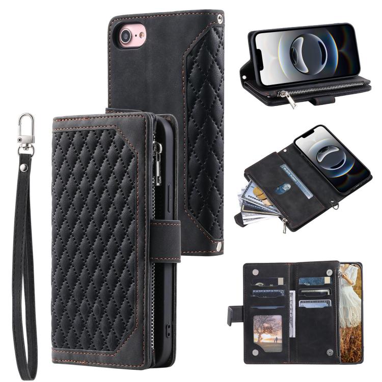 For iPhone 16e Grid Texture Zipper Leather Phone Case with Lanyard(Black) by bashfashion