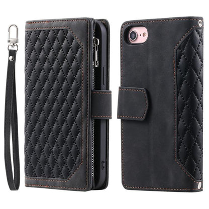 For iPhone 16e Grid Texture Zipper Leather Phone Case with Lanyard(Black) by bashfashion